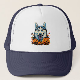 Pop Art Smilling Husky Dog met Pompoenen Halloween Trucker Pet