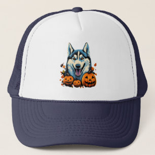 Pop Art Smilling Husky Dog met Pompoenen Halloween Trucker Pet