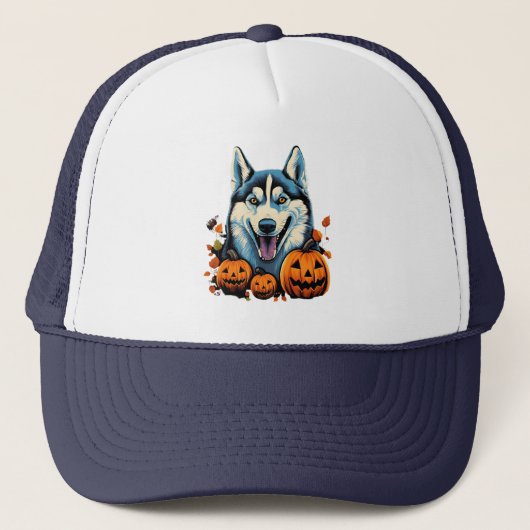 Pop Art Smilling Husky Dog met Pompoenen Halloween Trucker Pet (Voorkant)