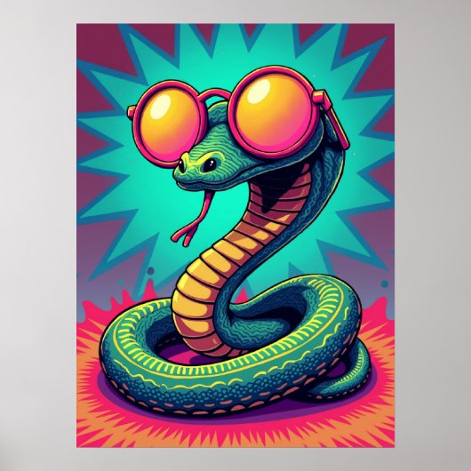 Pop Art Snake met Retro regenboogbril Poster (Voorkant)