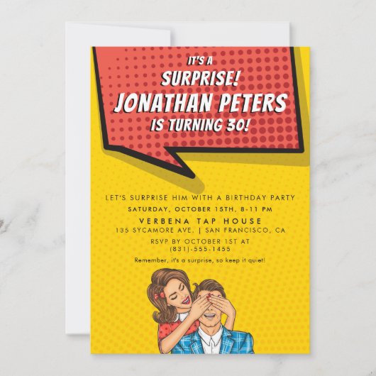 Pop Art Speech Bubble Surprise Birthday Party Kaart (Voorkant)