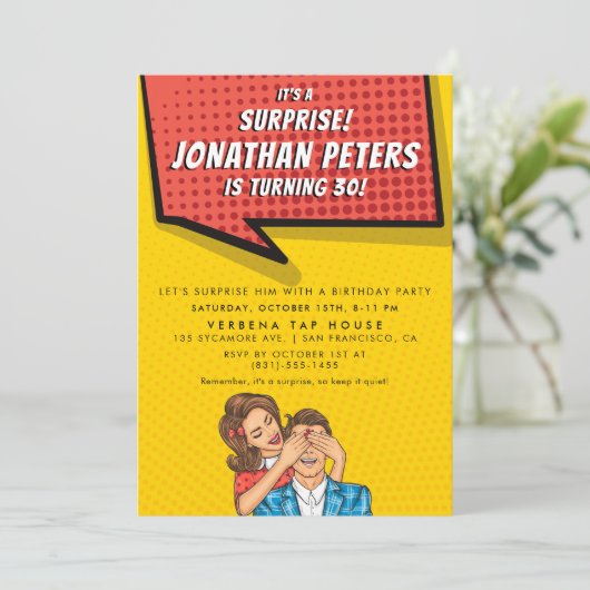 Pop Art Speech Bubble Surprise Birthday Party Kaart (Staand voorkant)