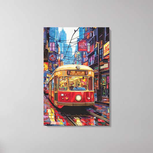 Pop Art Stadstram met Neonreflecties Canvas Afdruk (Voorkant)