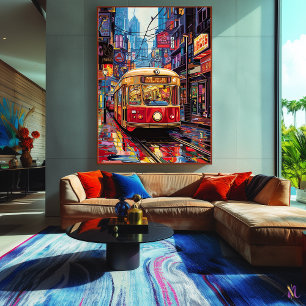 Pop Art Stadstram met Neonreflecties Canvas Afdruk