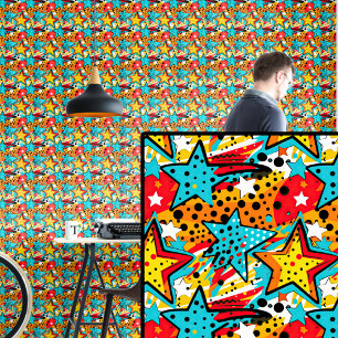 Pop Art Stars Aqua Blue Rood Geel Behang