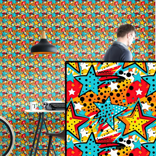 Pop Art Stars Aqua Blue Rood Geel Behang (Creator heeft geüpload)