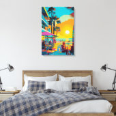 Pop Art Strandcafé bij Zonsondergang Canvas Afdruk (Insitu (Slaapkamer))