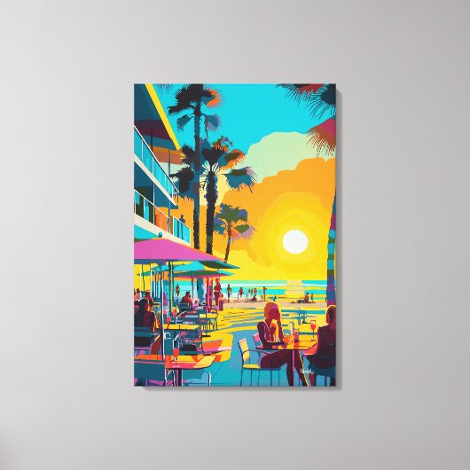 Pop Art Strandcafé bij Zonsondergang Canvas Afdruk (Voorkant)