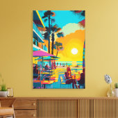Pop Art Strandcafé bij Zonsondergang Canvas Afdruk (Insitu (Woonkamer))