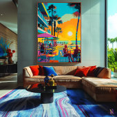 Pop Art Strandcafé bij Zonsondergang Canvas Afdruk