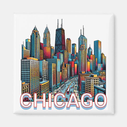 Pop art stripboek Art Chicago Illinois Skyline Magneet (Voorkant)