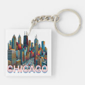 Pop art stripboek Art Chicago Illinois Skyline Sleutelhanger (Achterkant)