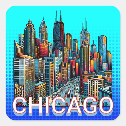 Pop art stripboek Art Chicago Illinois Skyline Vierkante Sticker (Voorkant)