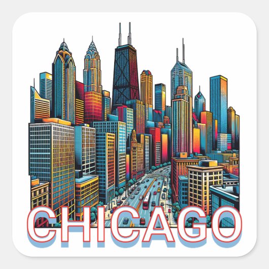 Pop art stripboek Art Chicago Illinois Skyline Vierkante Sticker (Voorkant)
