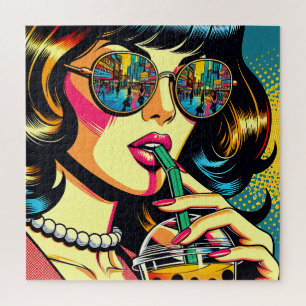 Pop Art stripboek mooie vrouw drinkt Boba Legpuzzel