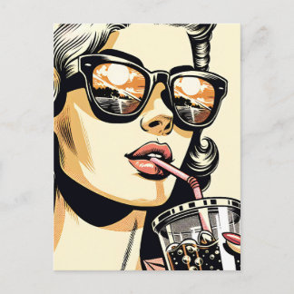 Pop Art stripboek mooie vrouw drinkt frisdrank Briefkaart