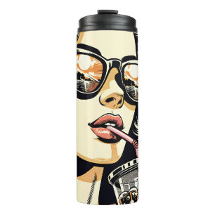 Pop Art stripboek mooie vrouw drinkt frisdrank Thermosbeker
