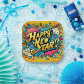 Pop Art Style Gelukkig Nieuwjaar Papieren Bordje (Feest)