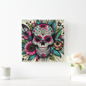Pop Art Sugar Skull Vierkante Klok (Huis)