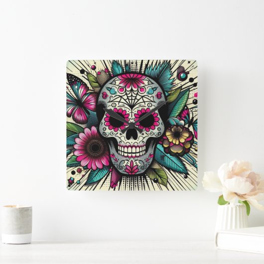 Pop Art Sugar Skull Vierkante Klok (Huis)