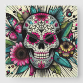 Pop Art Sugar Skull Vierkante Klok (Voorkant)
