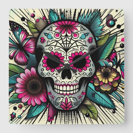 Pop Art Sugar Skull Vierkante Klok (Voorkant)
