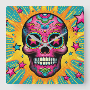 Pop Art Sugar Skull Vierkante Klok