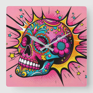 Pop Art Sugar Skull Vierkante Klok