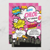 Pop Art Super Hero Verjaardagsuitnodiging Kaart (Voorkant / Achterkant)