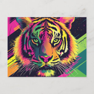 Pop Art Tiger Illustratie met Neon Kleuren Feestdagenkaart