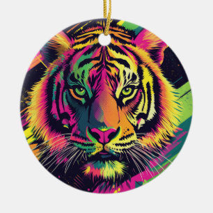 Pop Art Tiger Illustratie met Neon Kleuren Keramisch Ornament