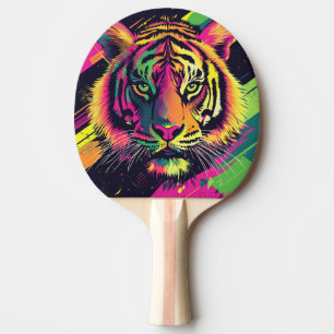 Pop Art Tiger Illustratie met Neon Kleuren Tafeltennisbatje