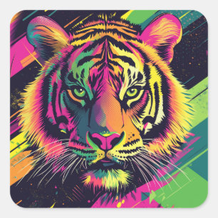 Pop Art Tiger Illustratie met Neon Kleuren Vierkante Sticker