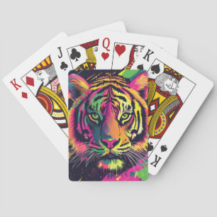 Pop Art Tijger Illustratie met Neon Kleuren Pokerkaarten
