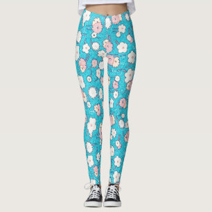 Pop Art Vintage Bloemenkunst in Turquoise en Roze Leggings