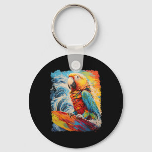 Pop Art Vintage Huisdier Vogel Papegaai Surfen  Sleutelhanger
