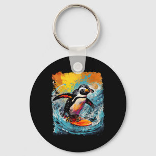 Pop Art Vintage Zoo Vogel Surfende Pinguïn Sleutelhanger