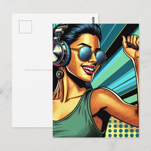 Pop Art Vrouw in Hoofdtelefoon Dansen Briefkaart (Voorkant / Achterkant)