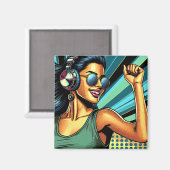 Pop Art Vrouw in Hoofdtelefoon Dansen Magneet (Voorkant / Achterkant)
