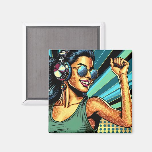 Pop Art Vrouw in Hoofdtelefoon Dansen Magneet (Voorkant / Achterkant)