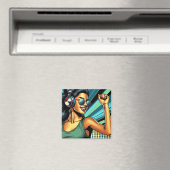 Pop Art Vrouw in Hoofdtelefoon Dansen Magneet (Insitu (Vaatwasser))