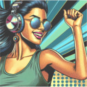 Pop Art Vrouw in Hoofdtelefoon Dansen Sticker (Voorkant)