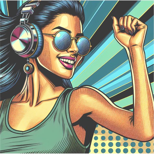 Pop Art Vrouw in Hoofdtelefoon Dansen Sticker (Voorkant)