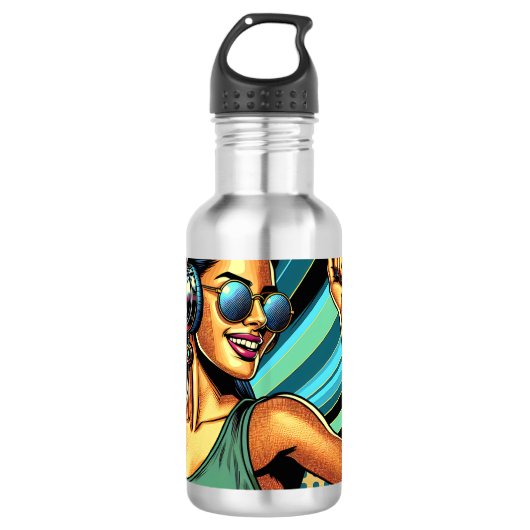 Pop Art Vrouw in Hoofdtelefoon Dansen Waterfles (Voorkant)