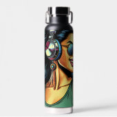 Pop Art Vrouw in Hoofdtelefoon Dansen Waterfles (Voorkant)