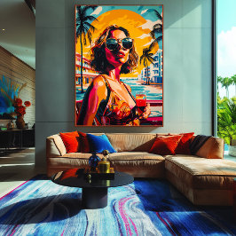 Pop Art Vrouw in Tropische Sunset Vibes Canvas Afdruk