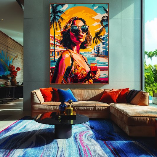 Pop Art Vrouw in Tropische Sunset Vibes Canvas Afdruk