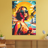 Pop Art Vrouw in Tropische Sunset Vibes Canvas Afdruk (Insitu (Woonkamer))