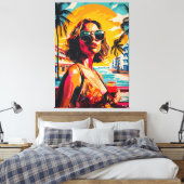 Pop Art Vrouw in Tropische Sunset Vibes Canvas Afdruk (Insitu (Slaapkamer))