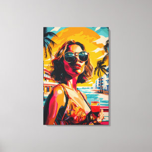 Pop Art-vrouw in tropische zonsondergangstrending Canvas Afdruk